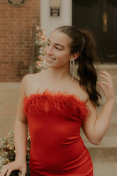 Misshow Red Satin Tight Short Homecoming Dress/Mini Dress with Feathers